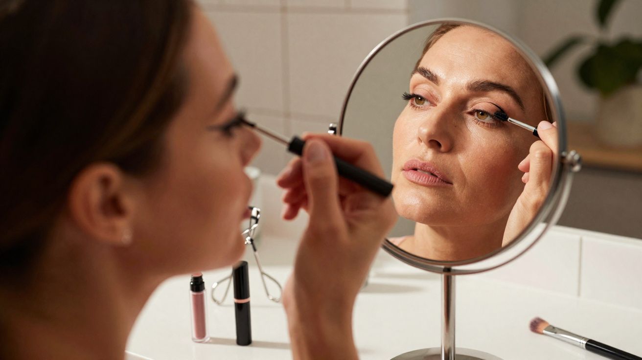 Mulher aplicando rímel nos cílios ao se olhar em espelho de maquiagem redondo em bancada.
