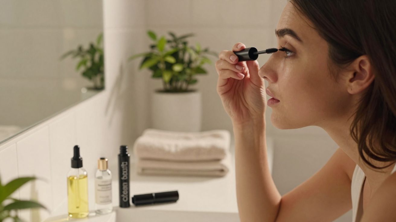 Mulher aplicando rímel em frente ao espelho no banheiro com produtos de beleza na pia.