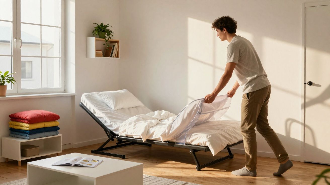 Homem arrumando cama retrátil em quarto claro com plantas e almofadas coloridas.