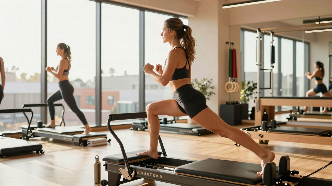 Mulher praticando exercício em aparelho de Pilates em estúdio com luz natural e espelho na parede.