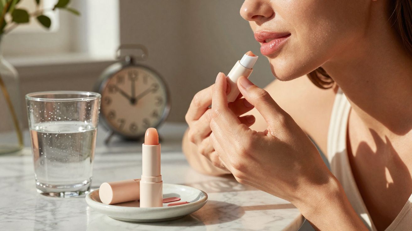 Mulher aplicando batom nude com copo d'água e relógio sobre mesa de mármore.