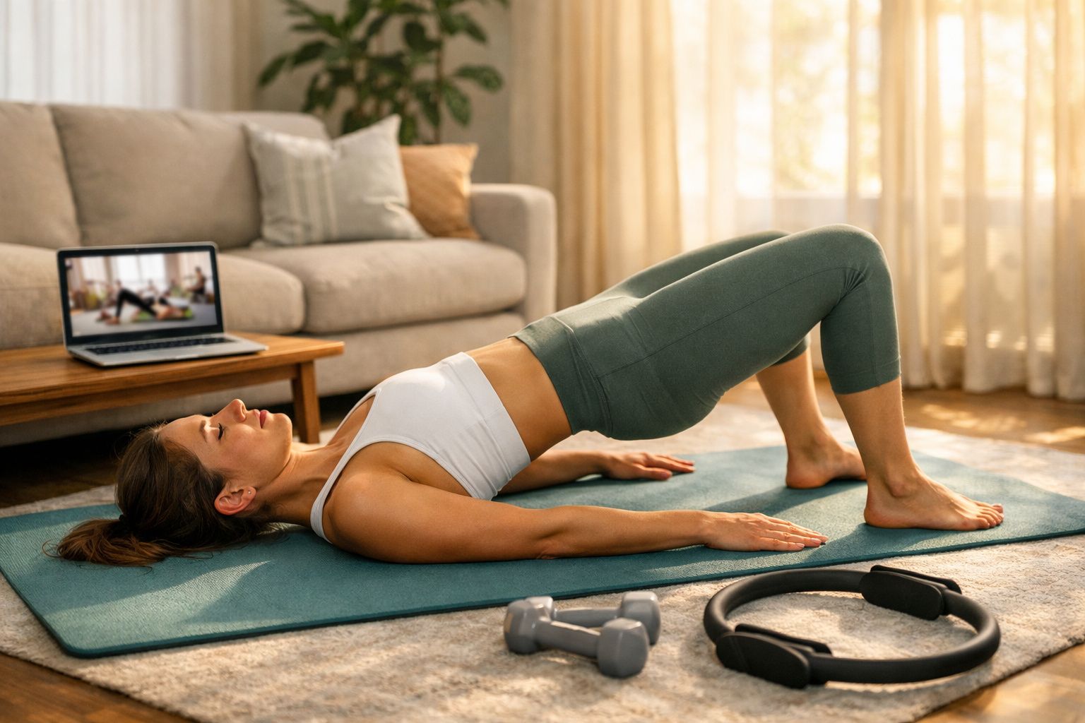 Mulher fazendo exercício de ponte no tapete de yoga na sala com laptop e equipamentos de treino.
