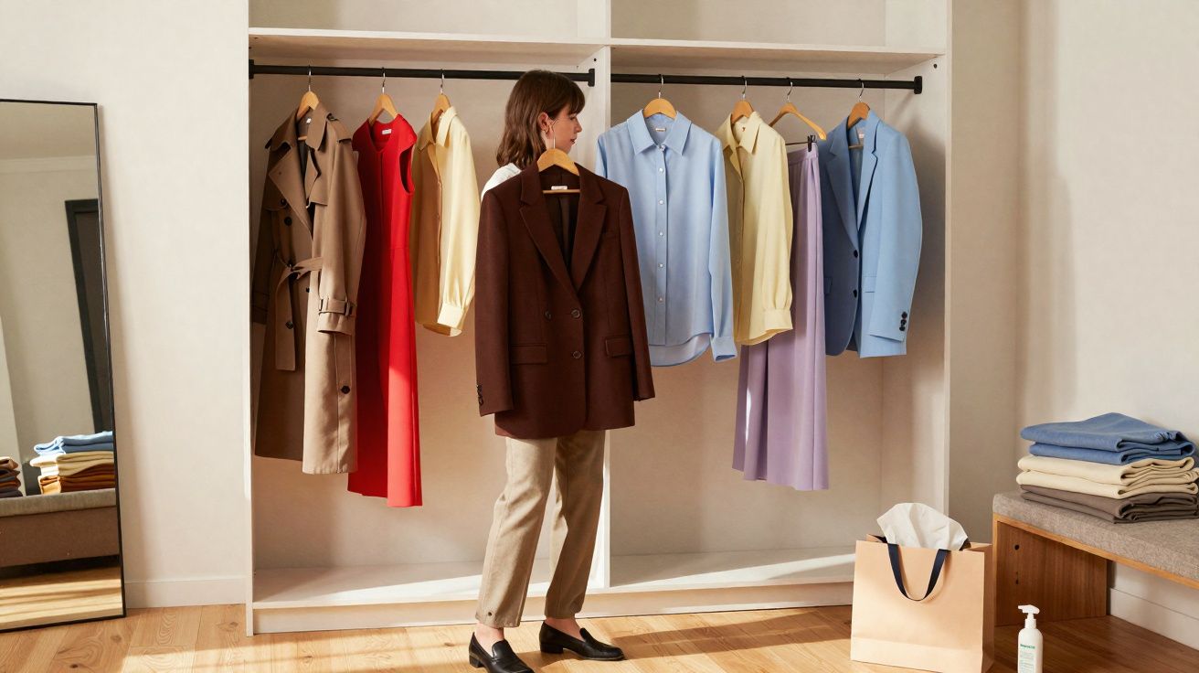 Mulher escolhendo peça de roupa em guarda-roupa aberto com casacos e camisas pendurados.