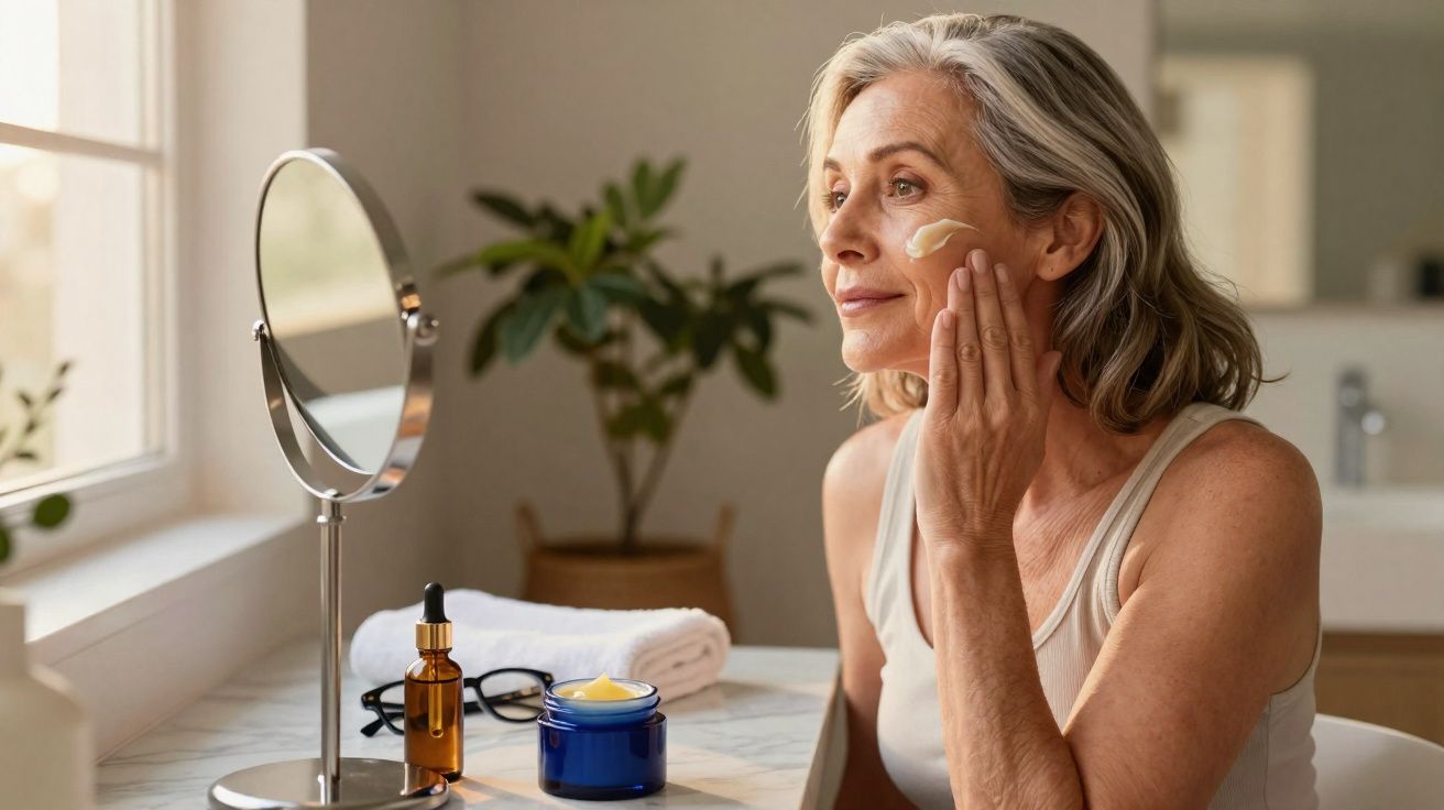 Mulher madura aplicando creme facial em ambiente iluminado e tranquilo, com espelho e produtos de cuidados.