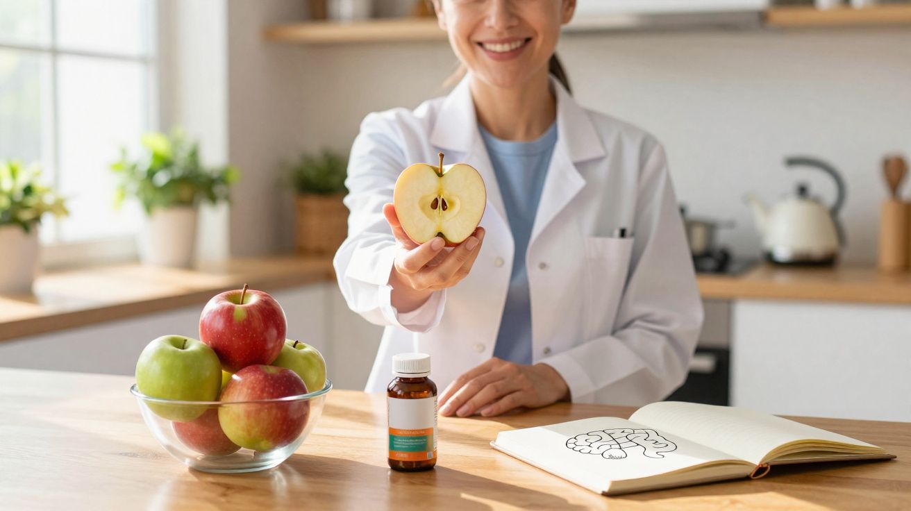 Profissional de saúde segurando metade de uma maçã, com maçãs inteiras e suplemento sobre a mesa.