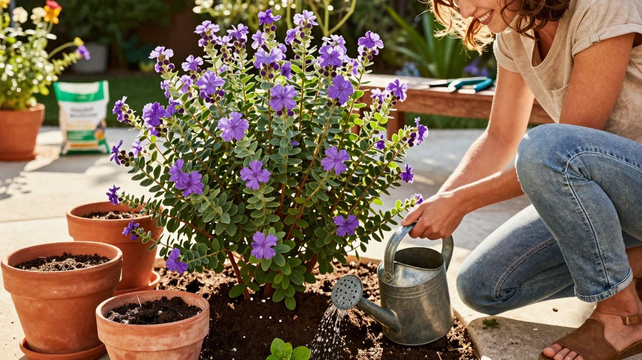 Mulher regando planta com flores roxas em jardim, ao redor vasos de barro com terra.