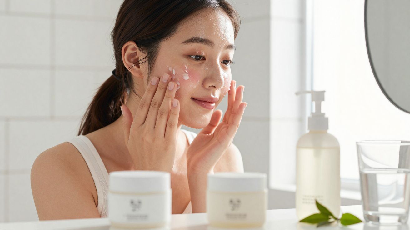 Mulher aplicando creme facial no rosto em banheiro iluminado com espelho e produtos de skincare.