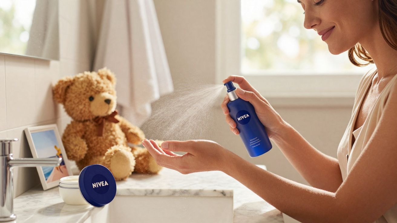 Mulher aplicando spray hidratante Nivea nas mãos em banheiro com urso de pelúcia ao fundo.