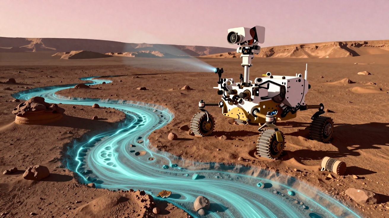 Rover explorando terreno árido com leito de rio azul brilhante e montanhas ao fundo.