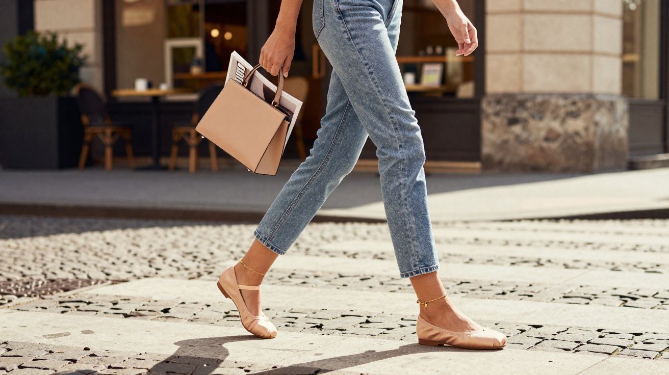 Pessoa caminhando em calçada de pedra com calça jeans, sapatilhas nude e bolsa bege na mão.