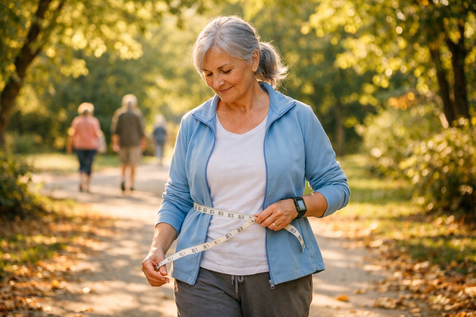 Mulher madura medindo cintura com fita métrica enquanto caminha em parque ensolarado.