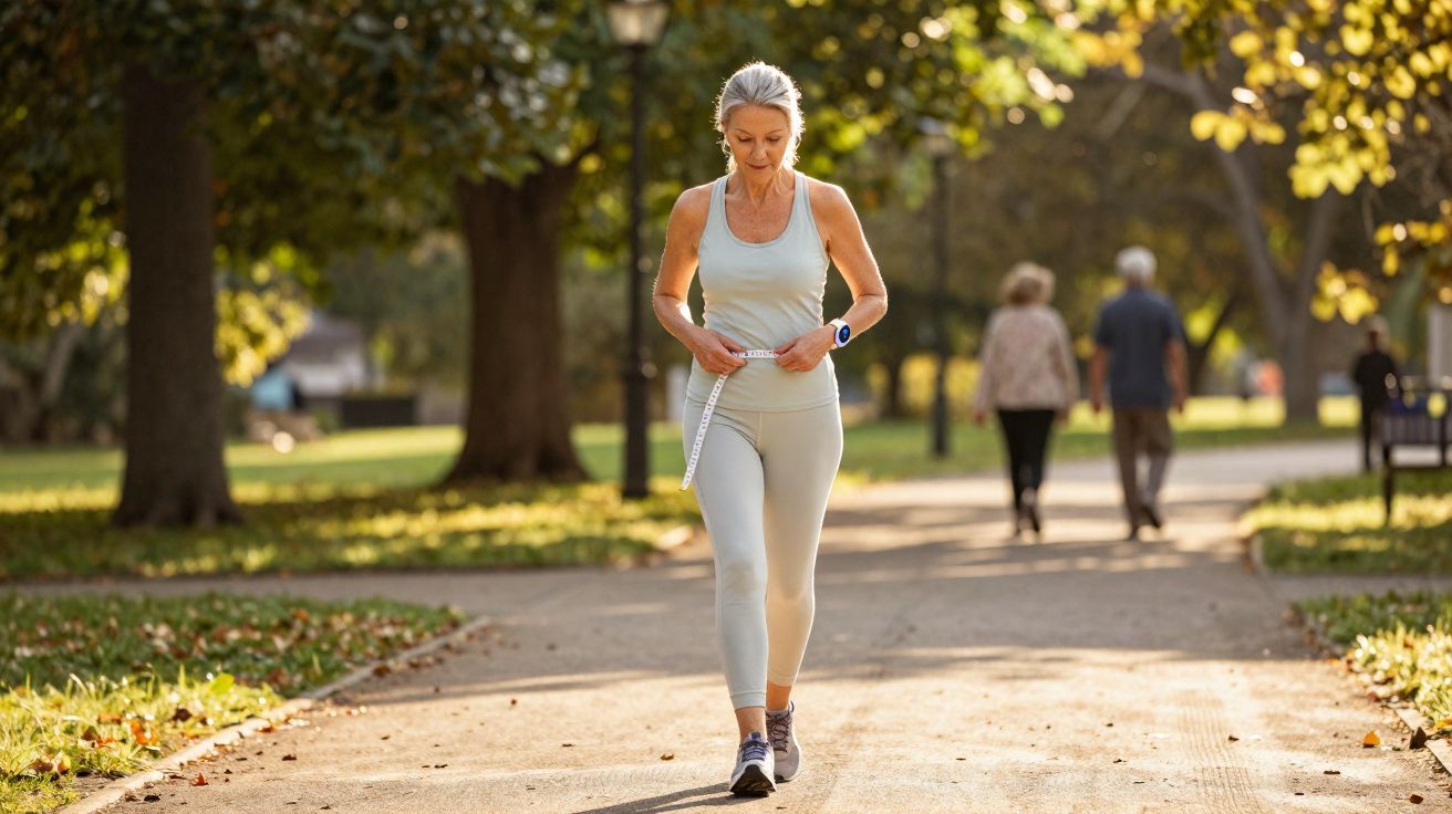 Mulher realizando caminhada em parque ensolarado, medindo a cintura com fita métrica.