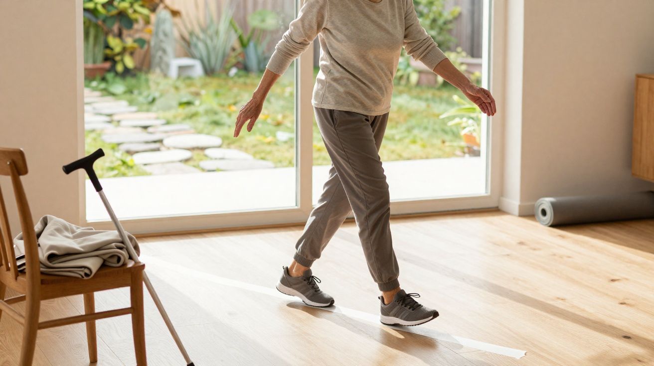 Pessoa idosa praticando equilíbrio em casa, seguindo linha branca no chão, com bengala e cadeira ao lado.