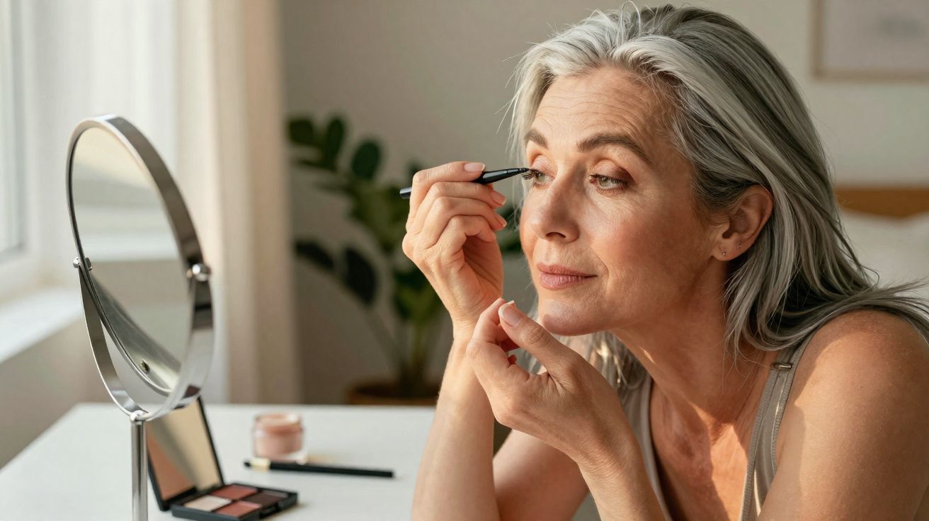 Mulher madura aplicando maquiagem nos olhos enquanto se olha no espelho de mesa em ambiente iluminado.