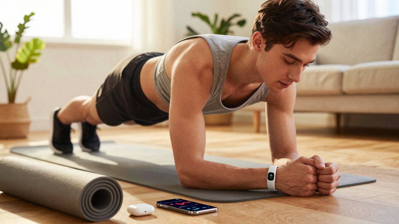 Homem jovem fazendo prancha em colchonete na sala com smartphone e fones ao lado.