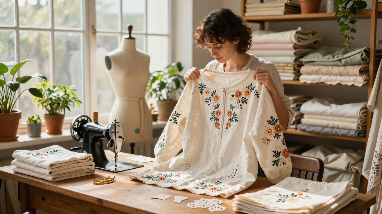 Mulher segurando blusa bordada em ateliê com máquina de costura, plantas e tecidos ao redor.