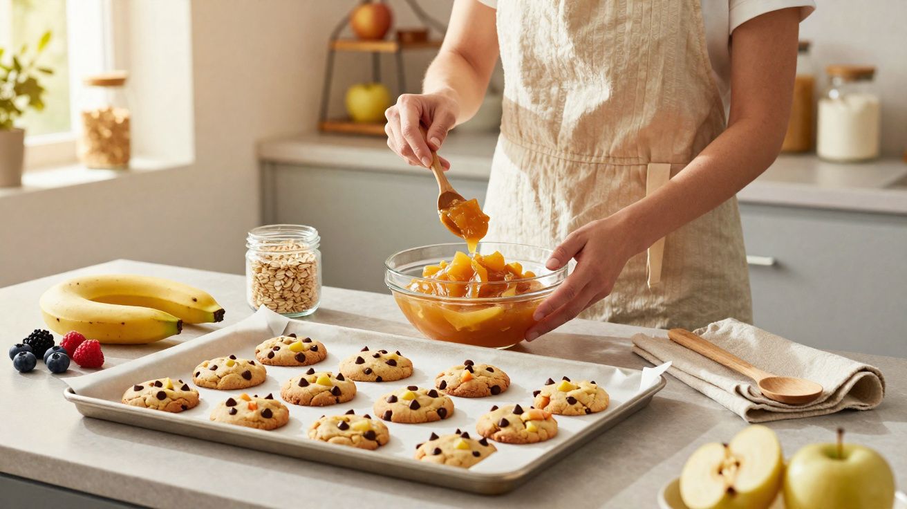 Pessoa com avental preparando cookies com pedaços de fruta em uma cozinha iluminada.