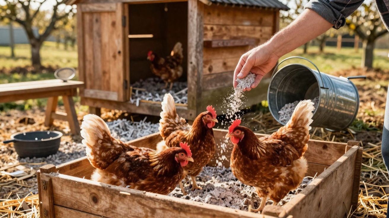 Pessoa alimentando galinhas em galinheiro de madeira ao ar livre durante o dia.