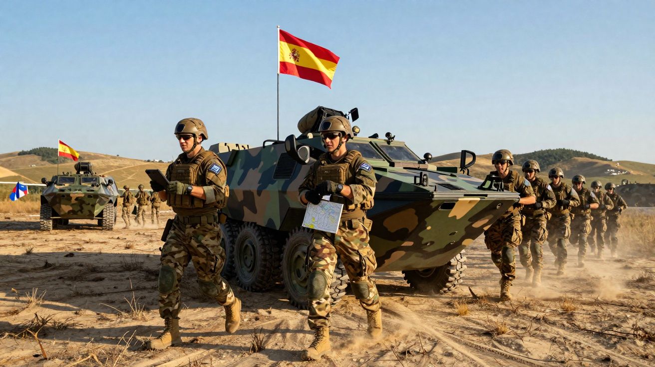 Soldados espanhóis em uniformes camuflados marchando ao lado de veículos militares em terreno seco com bandeira da Espanha.