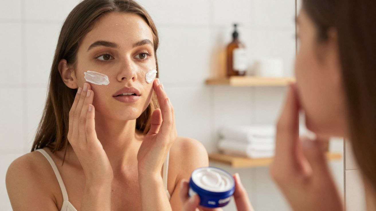 Mulher aplicando creme hidratante no rosto em frente ao espelho no banheiro.