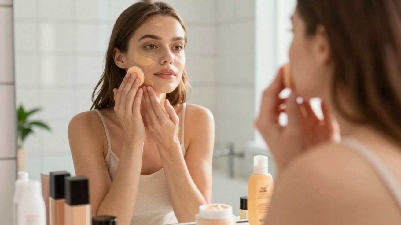 Mulher aplicando corretivo facial com esponja em frente ao espelho no banheiro.