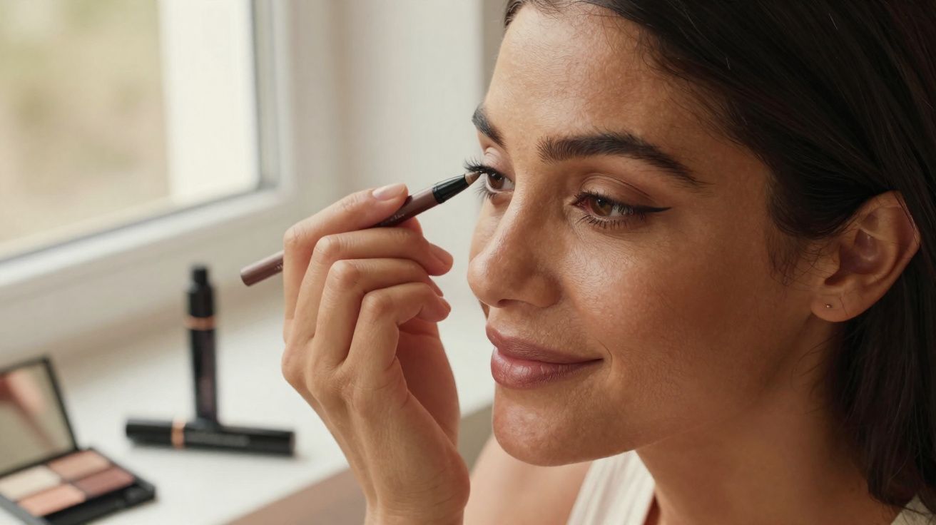 Mulher aplicando delineador preto nos olhos com produtos de maquiagem ao fundo.