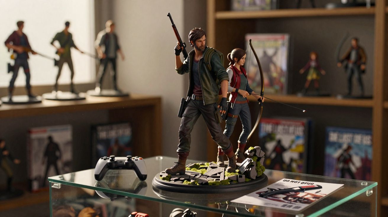 Estatueta dos personagens Joel e Ellie com armas, sobre base detalhada, com controle e pôsteres ao fundo.