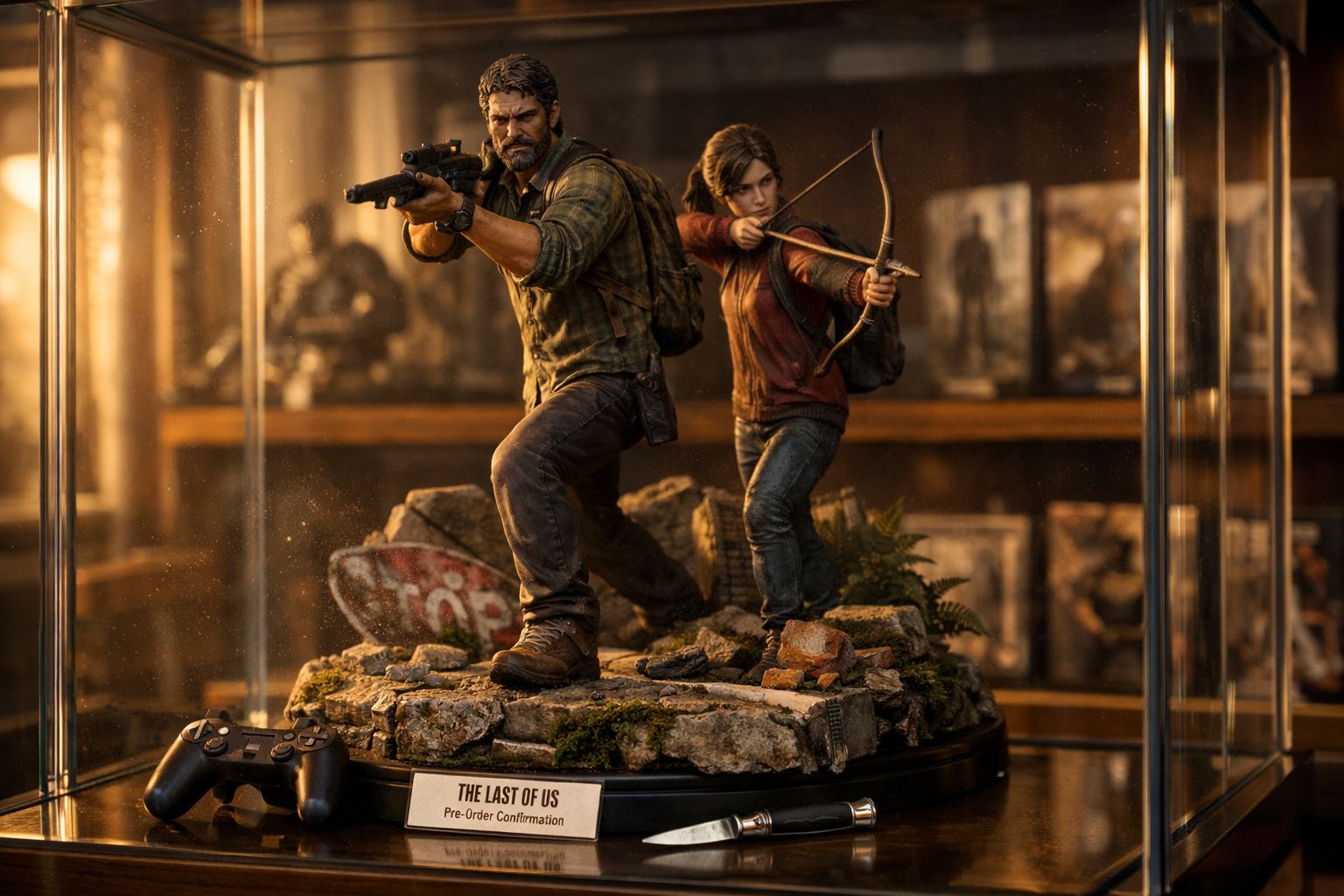 Estátua colecionável de Joel e Ellie de The Last of Us, prontos para combate com armas na base de pedra.