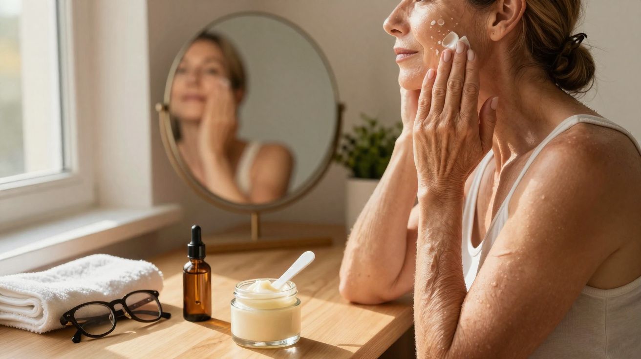 Mulher aplicando creme facial com gotas de água no rosto em frente a espelho sobre mesa com produtos de skincare.