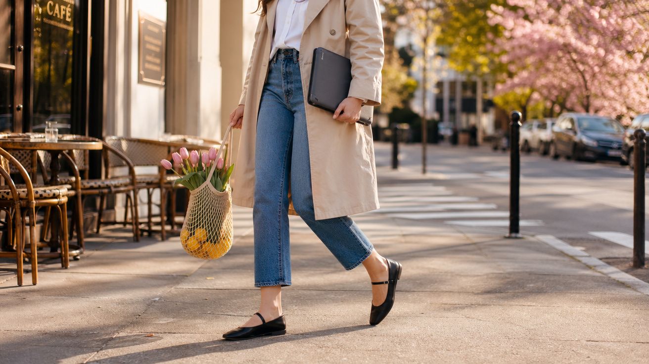 Mulher caminhando na calçada com casaco bege, jeans, bolsa com tulipas e tablet, ao lado de café e árvores floridas.