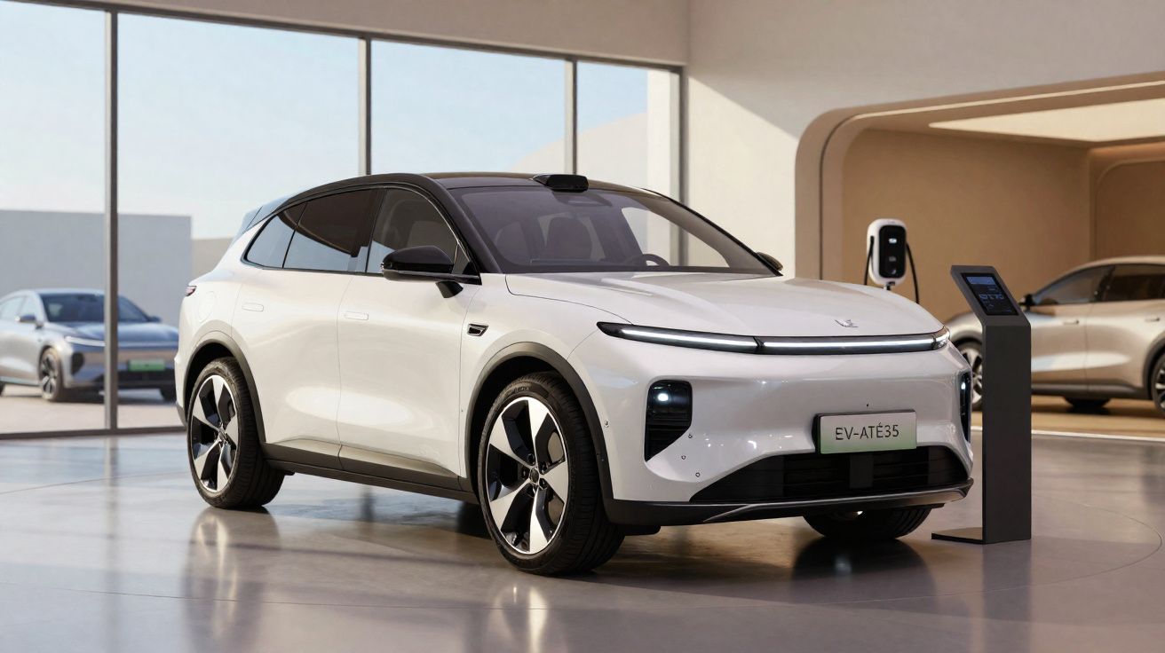 Carro elétrico branco modelo EV-ATÊ35 estacionado em showroom moderno com estação de recarga.