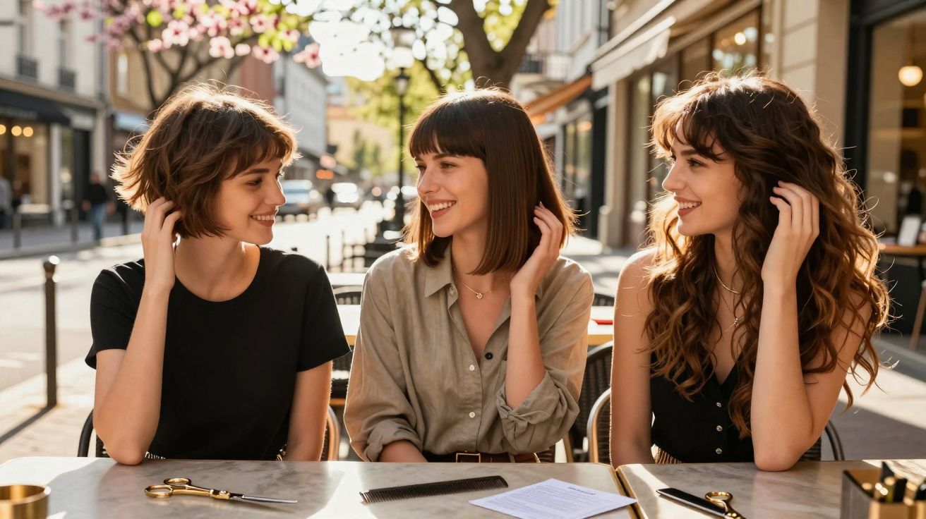 Três mulheres sorrindo e conversando em mesa ao ar livre com utensílios de cabeleireiro ao redor.