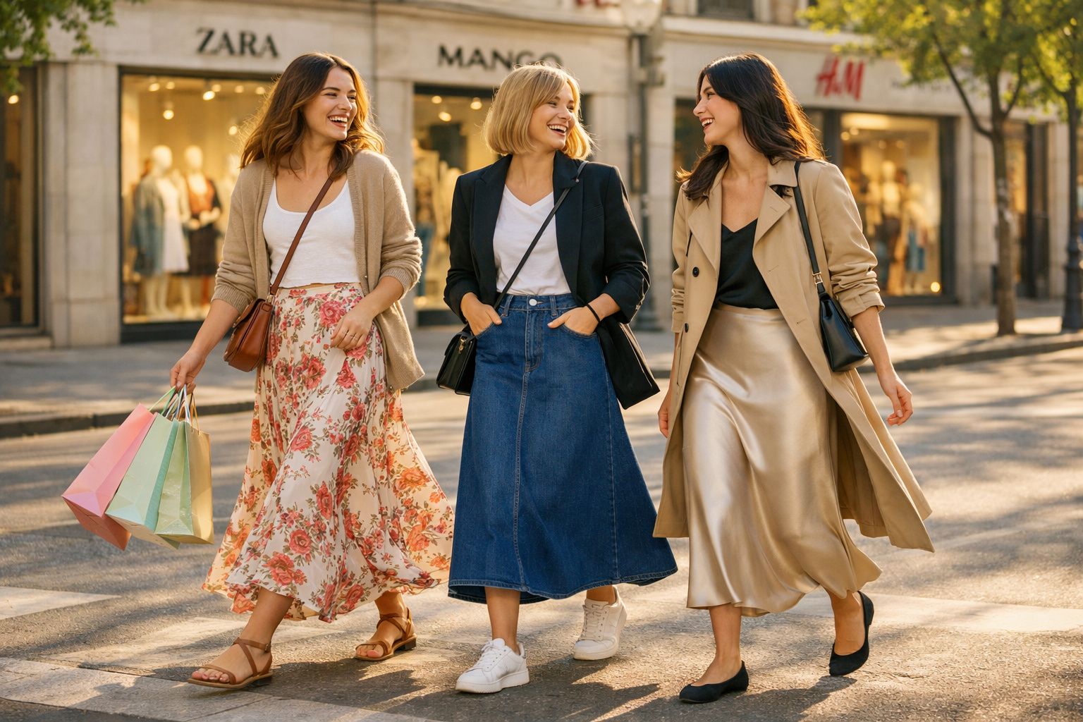 Três mulheres caminhando sorrindo em rua comercial, com sacolas e roupas casuais elegantes.