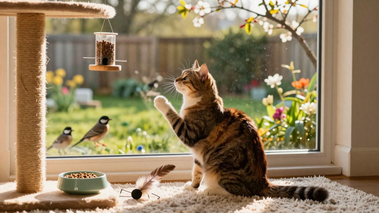 Gato sentado em tapete perto da janela, olhando para comedouro de pássaros suspenso, com pássaros e jardim ao fundo.