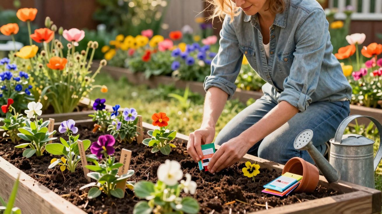 Mulher plantando flores coloridas em canteiro de madeira em um jardim ensolarado.