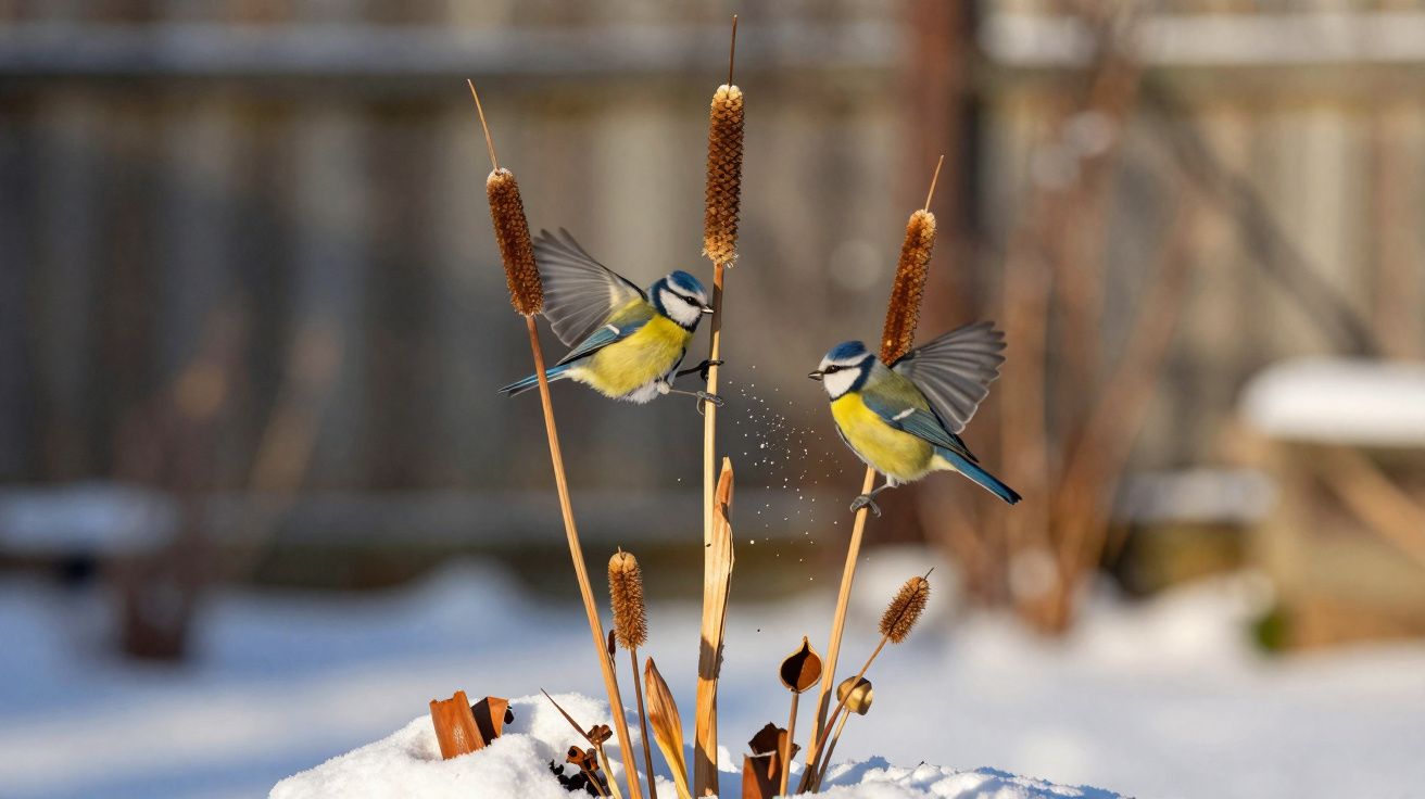 Dois passarinhos com penas azuis e amarelas voando próximos a plantas secas em meio à neve.
