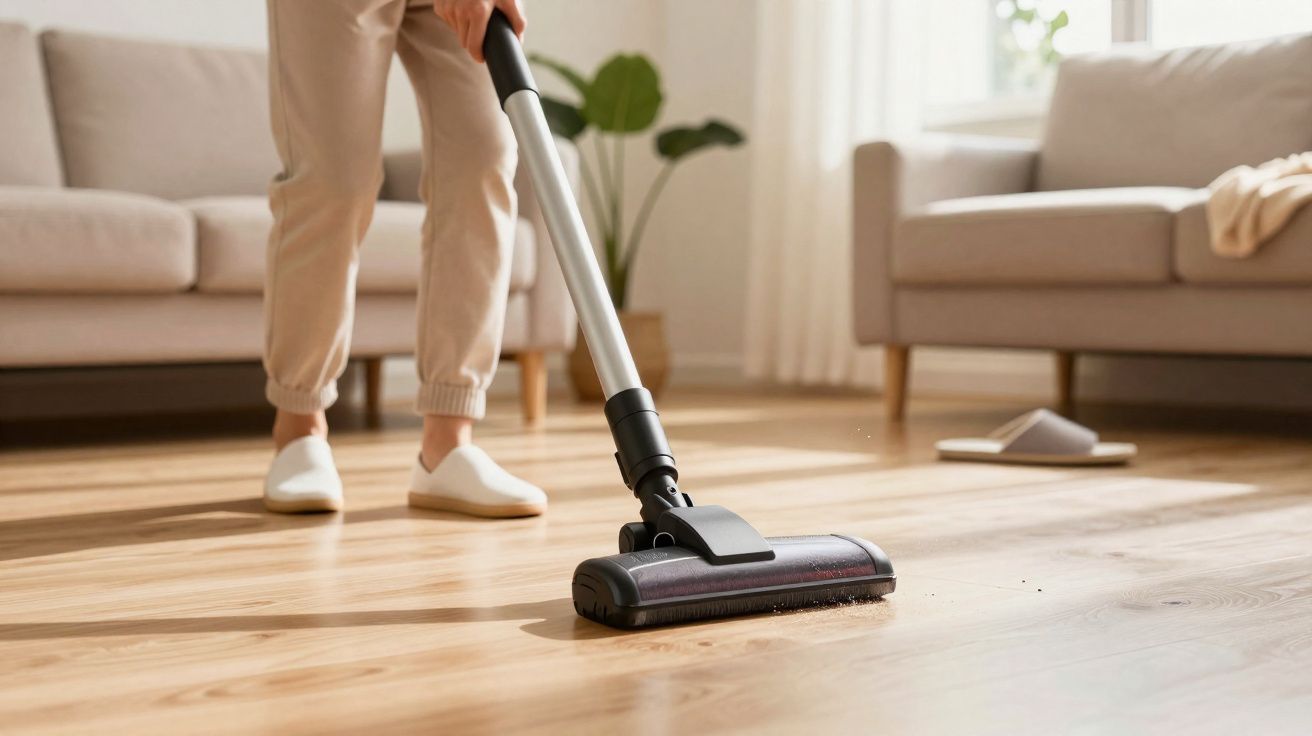 Pessoa usando aspirador de pó para limpar chão de madeira em sala de estar iluminada e decorada.