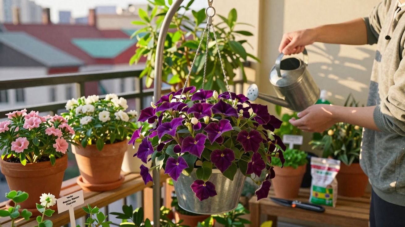 Pessoa regando flores em vaso pendurado na varanda com outras plantas ao redor.