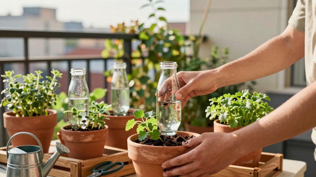 Mãos colocando garrafa de água em vaso com planta, cerca de plantas e regador ao redor em varanda ensolarada.