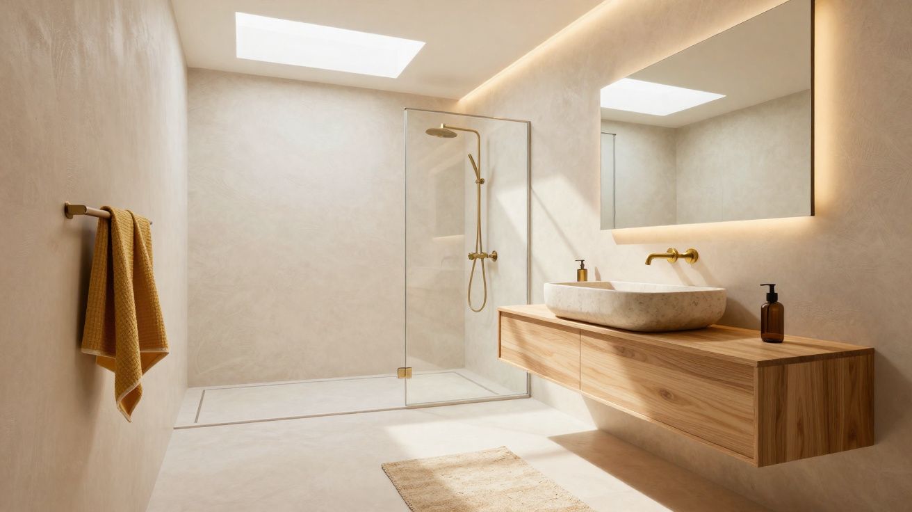 Banheiro moderno com paredes e piso claros, chuveiro de vidro, bancada de madeira e toalha amarela.