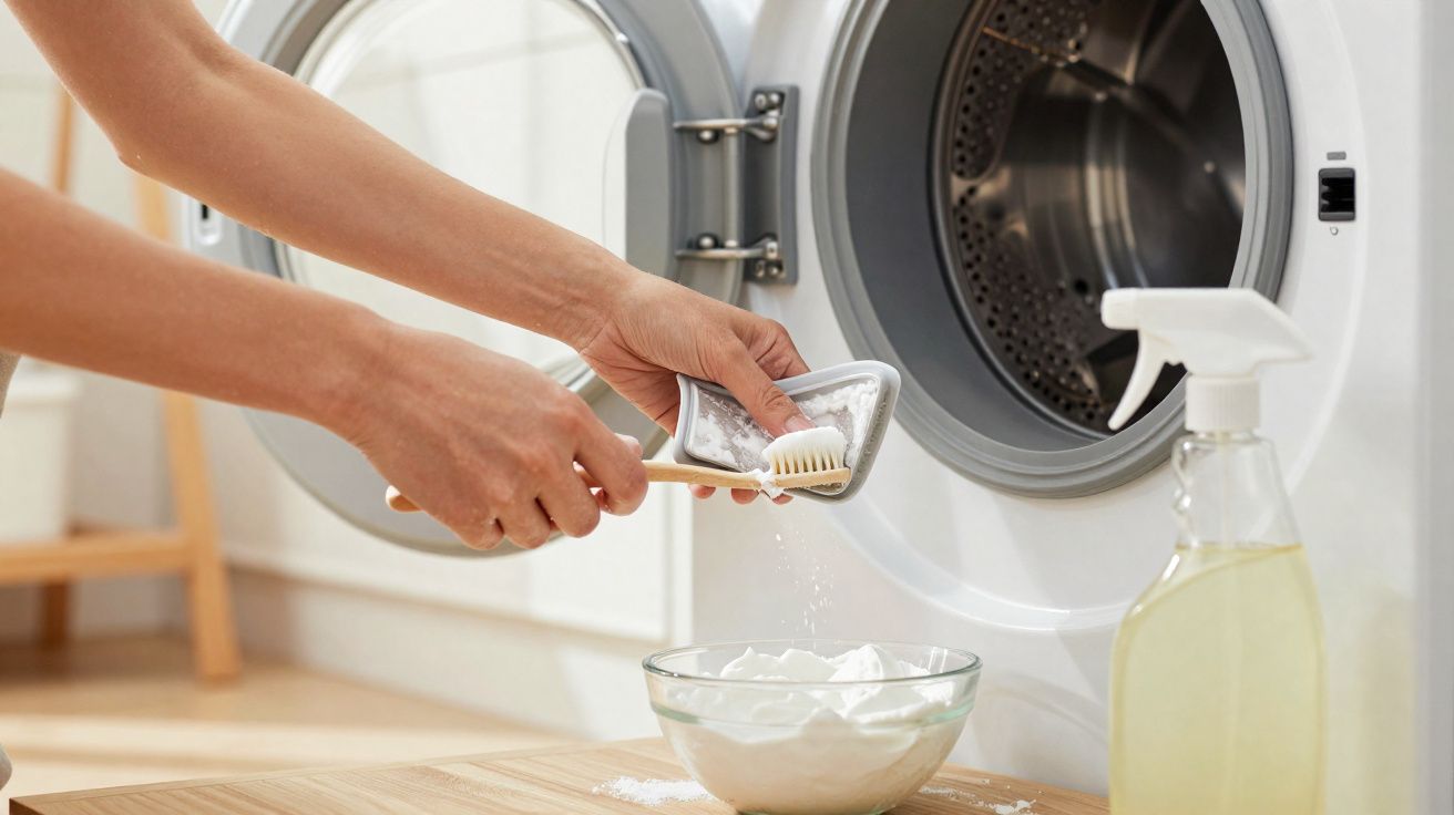 Pessoa raspando bicarbonato em escova de dente para limpeza da máquina de lavar roupas branca.