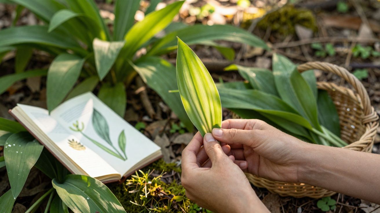 Mãos segurando uma folha verde com livro aberto e cesta com folhas ao redor em ambiente natural.