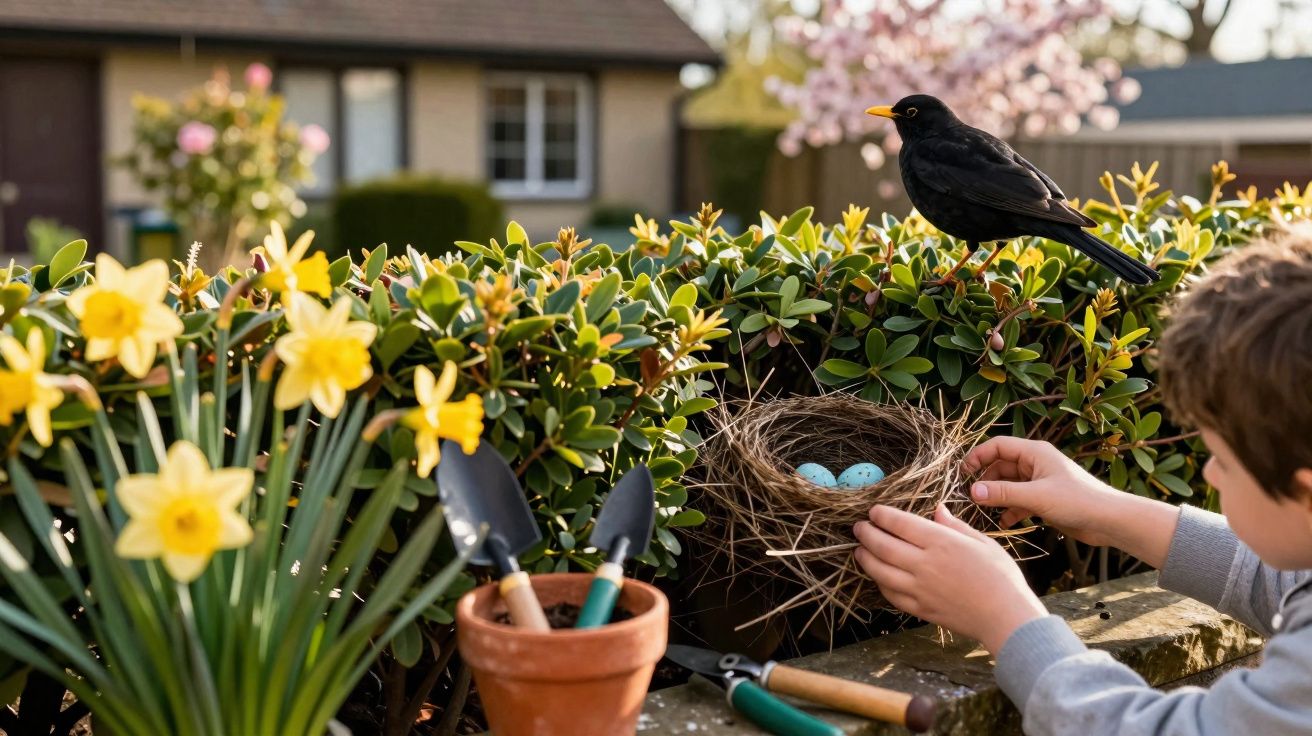 Garoto observa ninho com ovos azuis em arbusto, com pássaro preto pousado e flores amarelas ao redor.