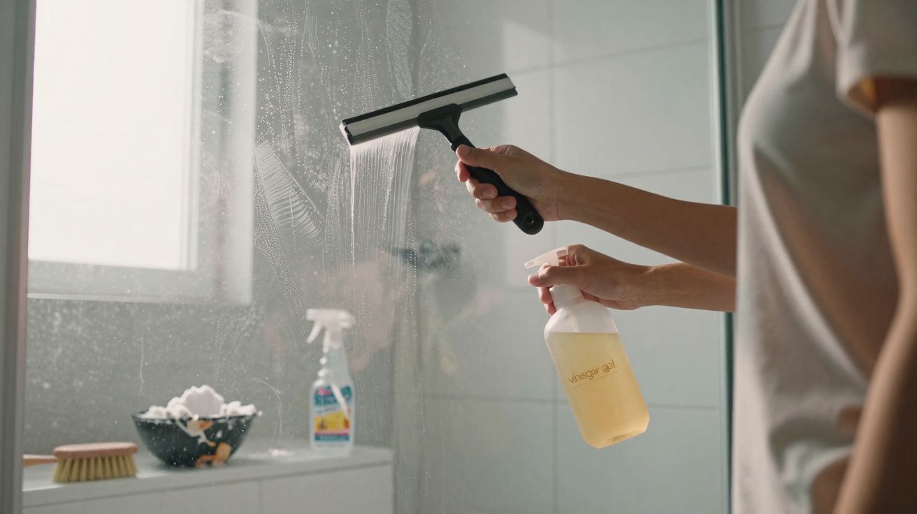Pessoa limpando vidro do banheiro com borrifador e limpador de janela, removendo sujeira e manchas.
