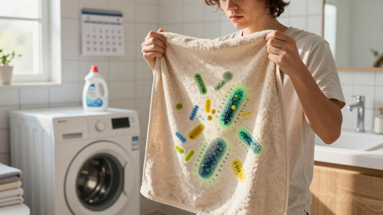 Pessoa segurando uma toalha com ilustração de microrganismos em lavanderia doméstica.