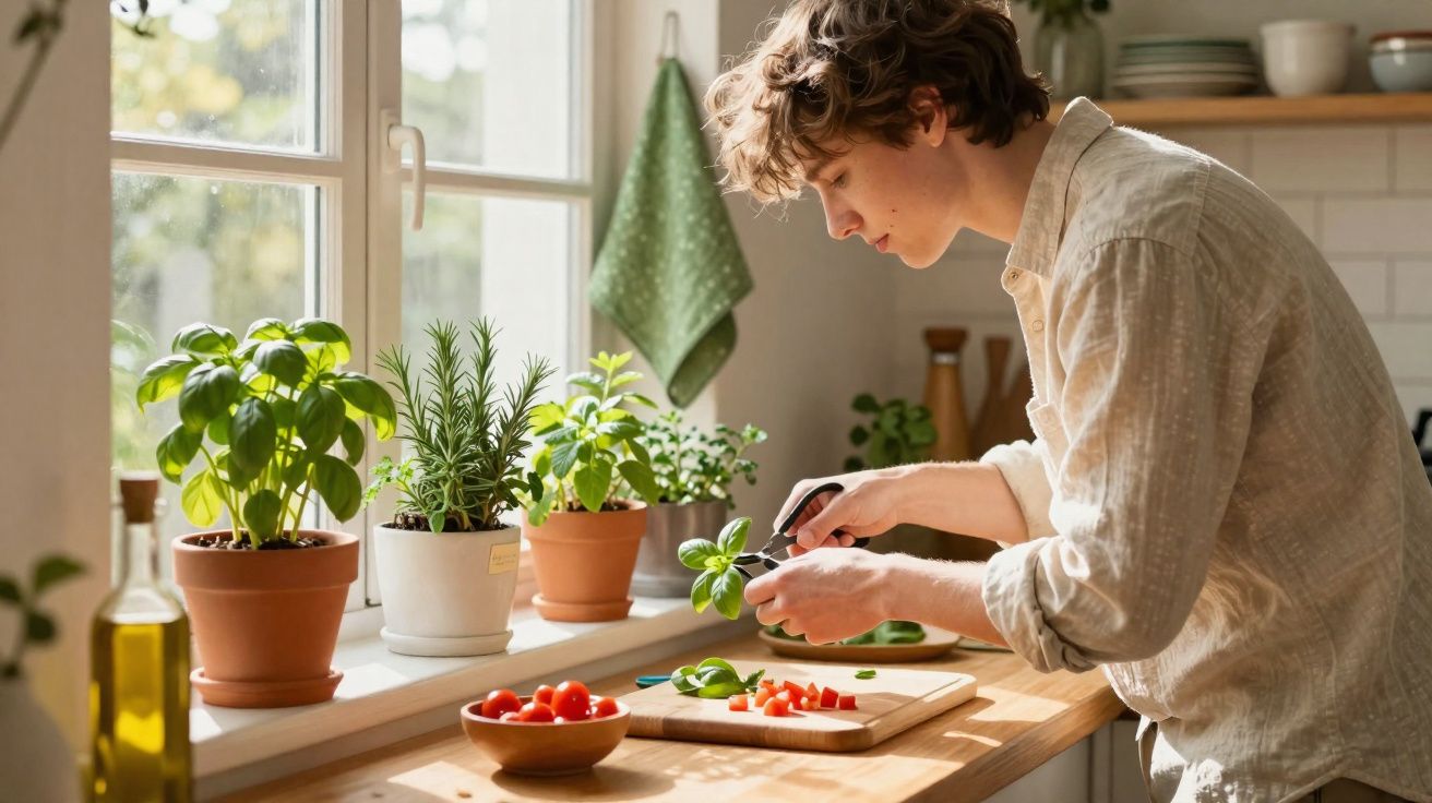 Jovem colhendo folhas de ervas frescas para temperar alimentos em cozinha iluminada por janela.