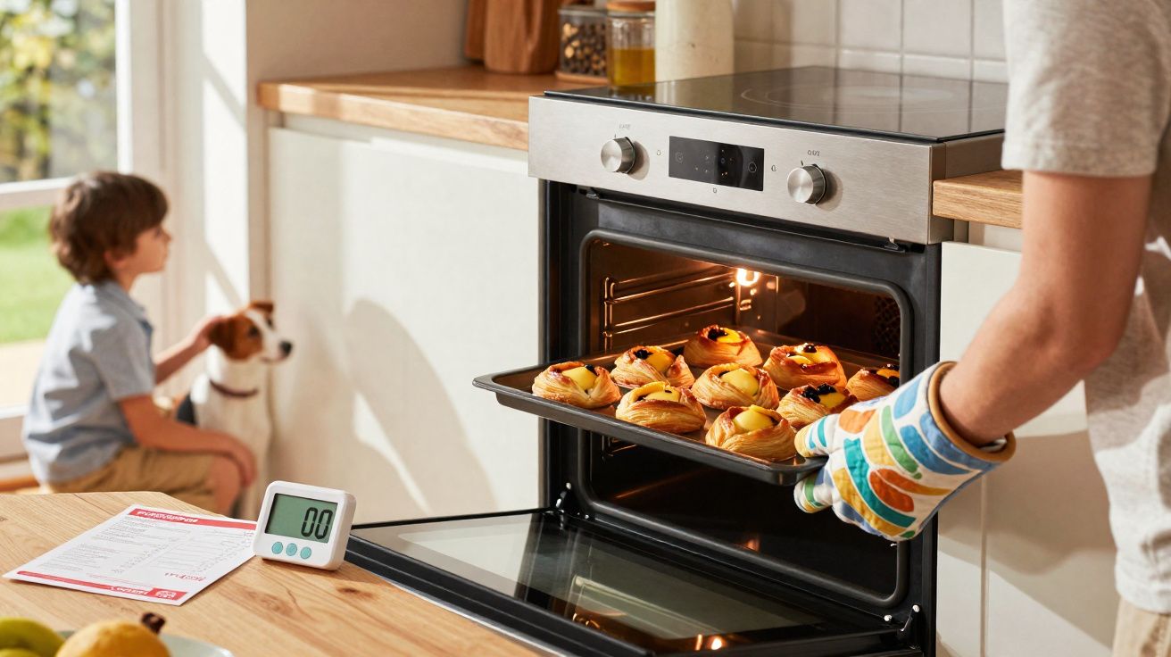 Pessoa retirando assadeira com pães doces do forno, garoto e cachorro ao fundo na cozinha iluminada.