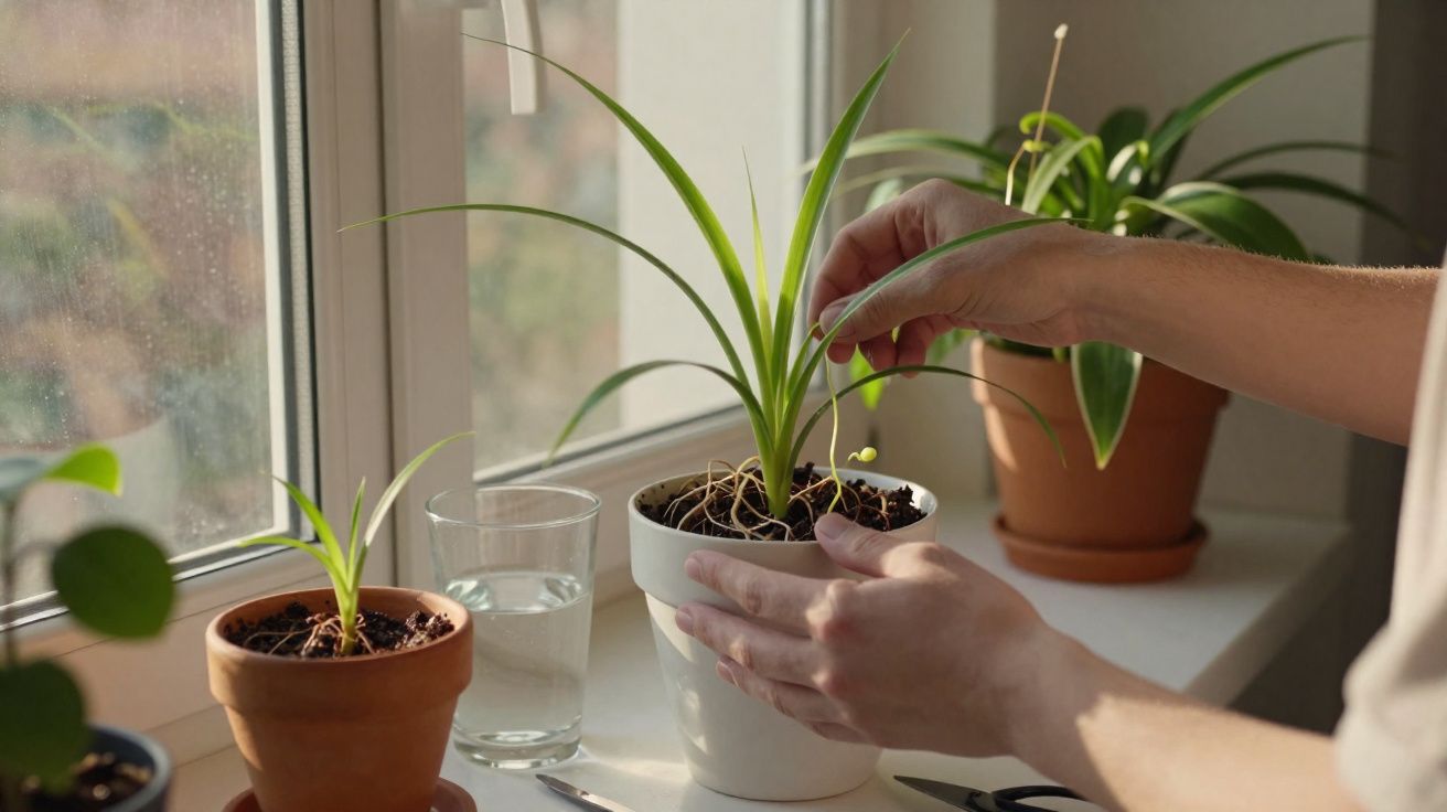 Pessoa cuidando de planta em vaso branco ao lado de outras plantas e um copo d'água na janela.