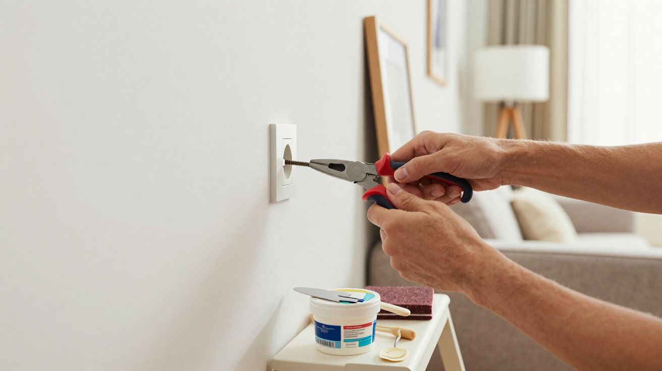 Pessoa usando alicate para consertar tomada branca na parede de uma sala iluminada.