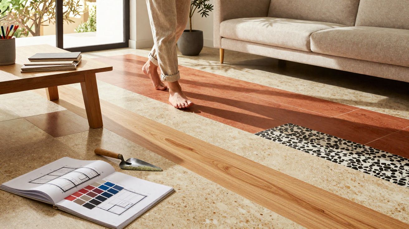 Pessoa descalça caminhando em piso decorativo de madeira e mármore em sala com sofá e mesa baixa.